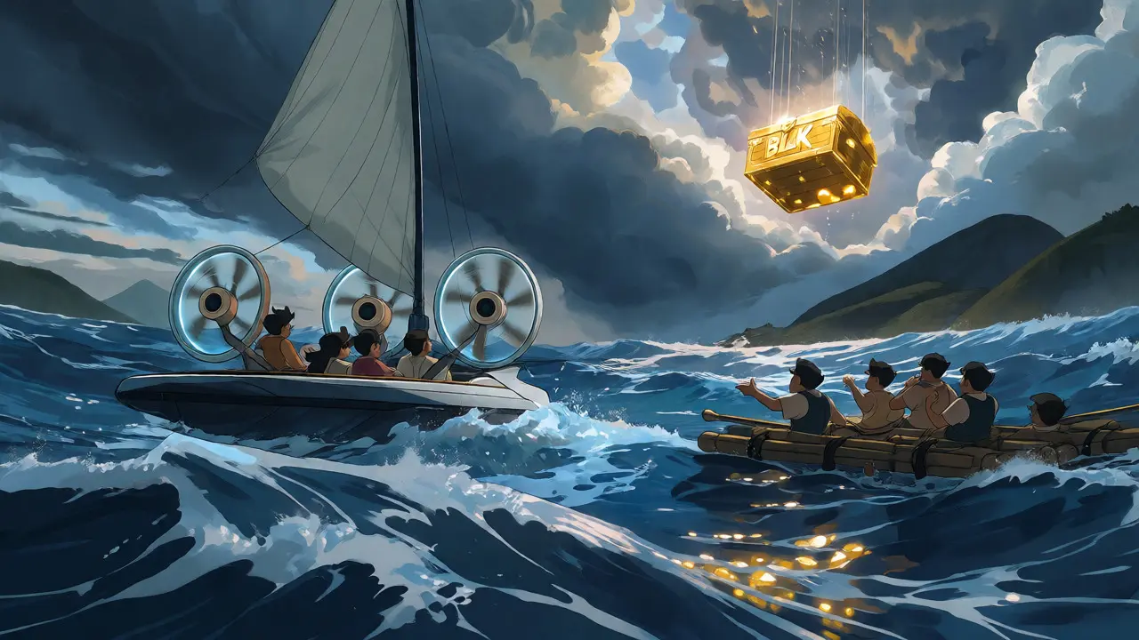 Anime scene of miners navigating a stormy digital sea, chasing block rewards in a PPLNS context.