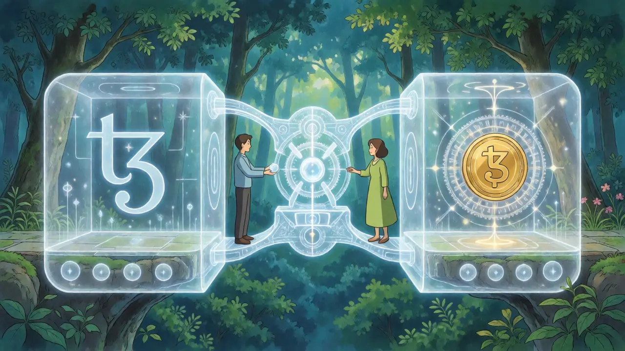 Anime-style visualization of secure digital escrow transaction on Tezos