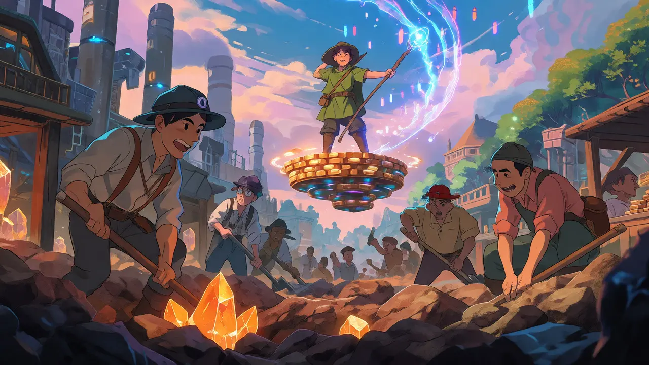 Anime traders and miners gathering glowing coins in a magical industrial marketplace.