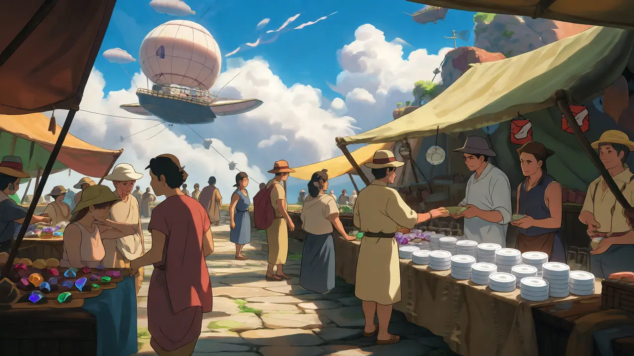 Bustling floating market square with characters trading stablecoins and gems.