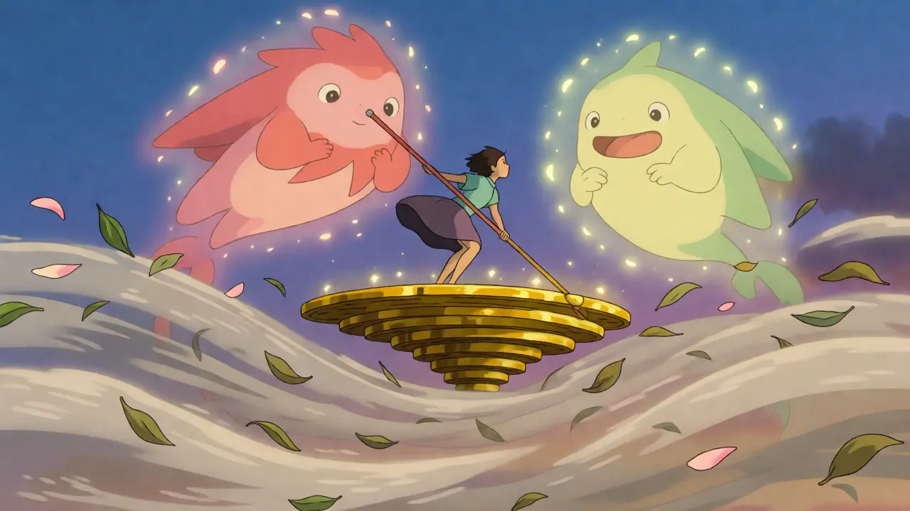 Character balancing on coins under regulator spirits