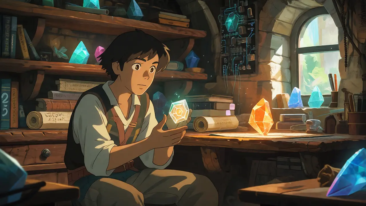 Character examining a glowing crystal token in a magical workshop.