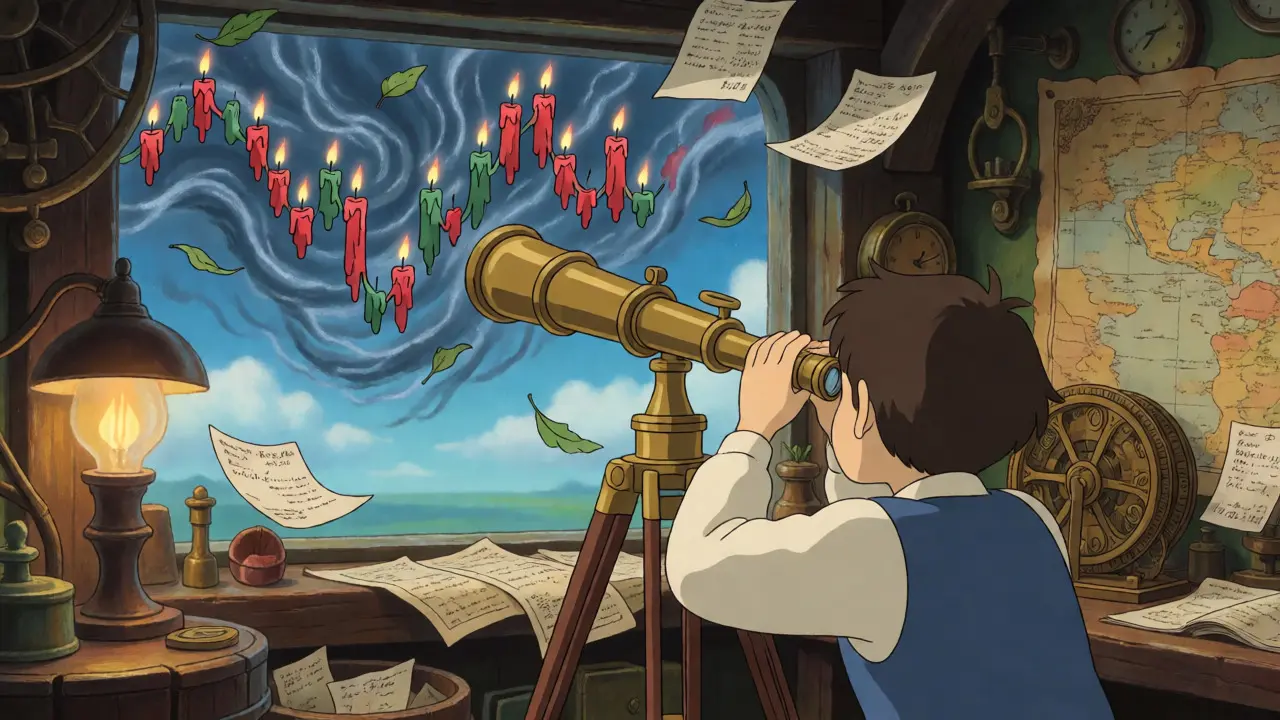 Character watching volatile chart storms through a window