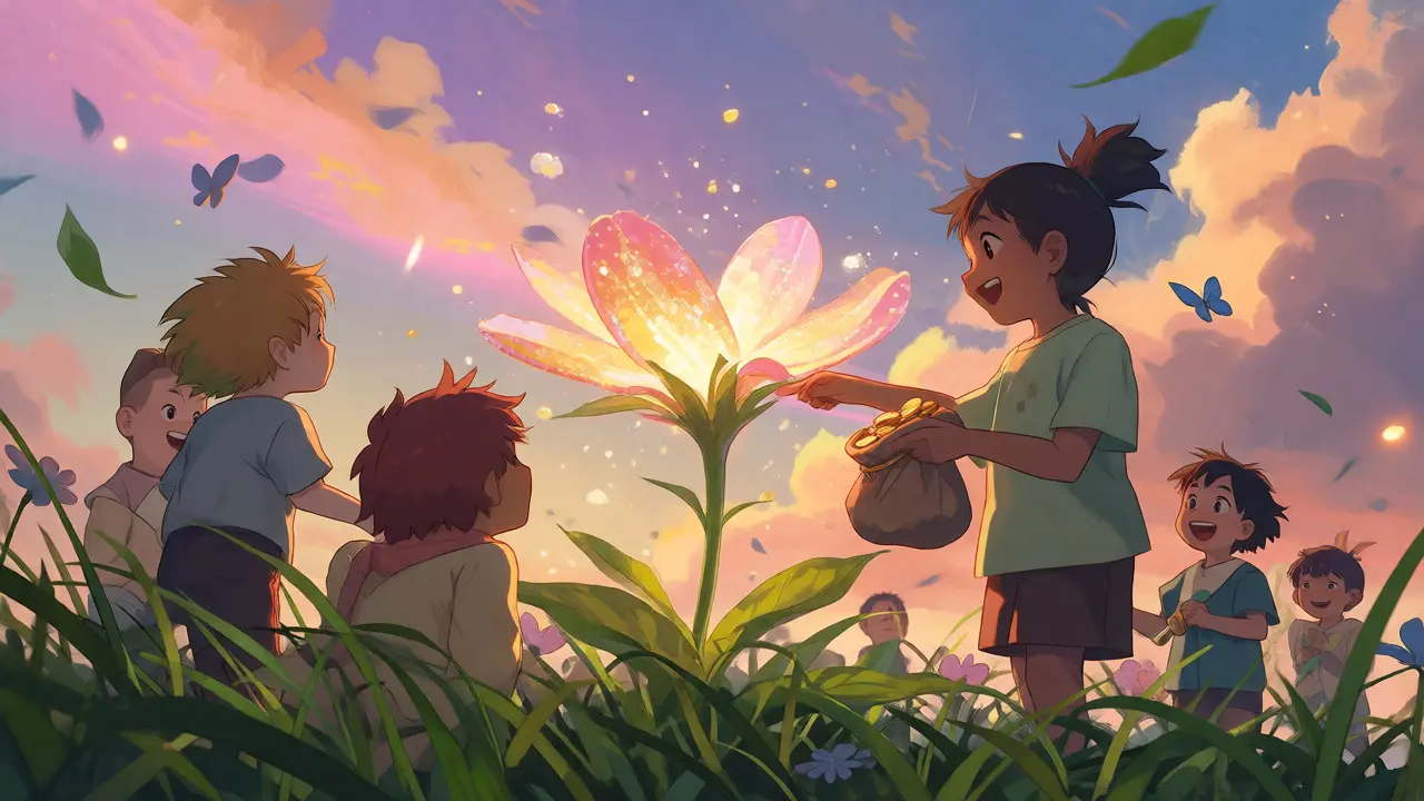 Characters celebrating token rewards in a sunny meadow