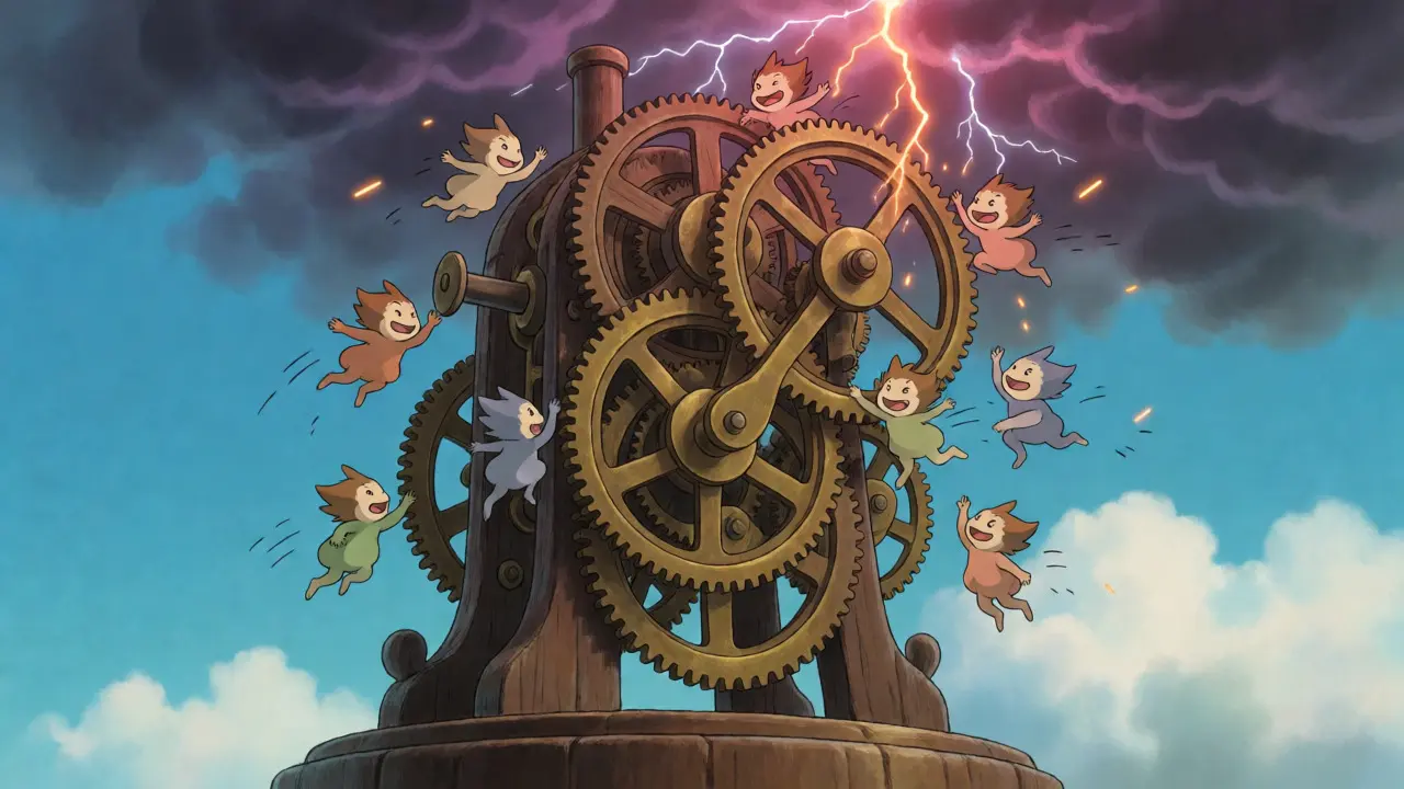 Clockwork machine besieged by spirits during a storm