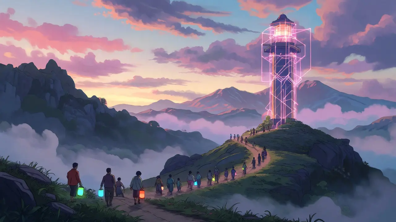 Community walking a misty mountain path toward a network lighthouse.