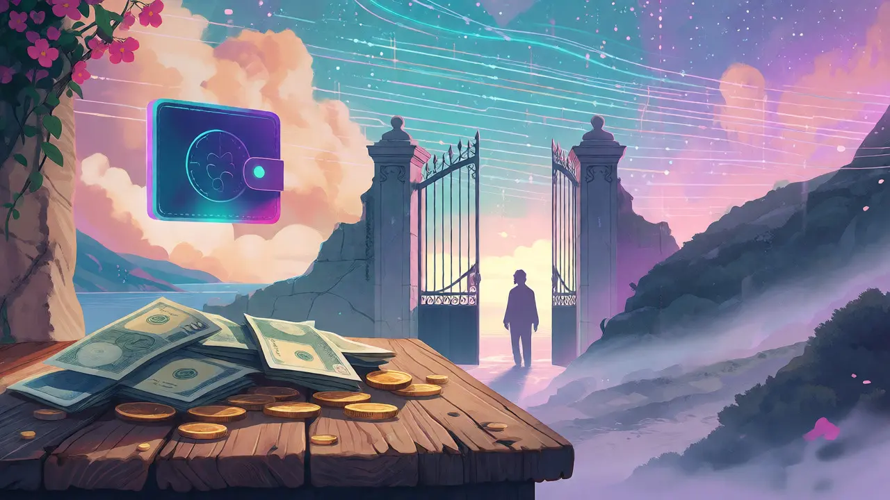 Conceptual scene contrasting digital wallets with traditional currency