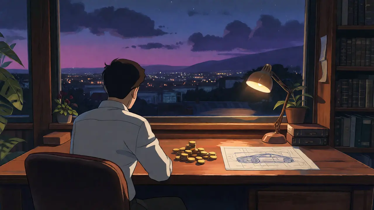 Contemplative figure at a desk with small Bitcoin pile watching city lights at dusk.