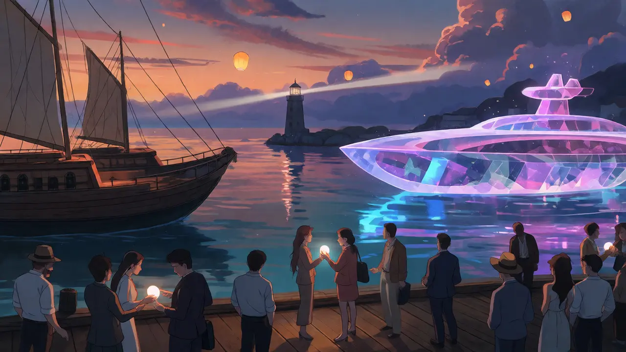 Dusk harbor scene with traditional and futuristic ships exchanging glowing orbs under a lighthouse.