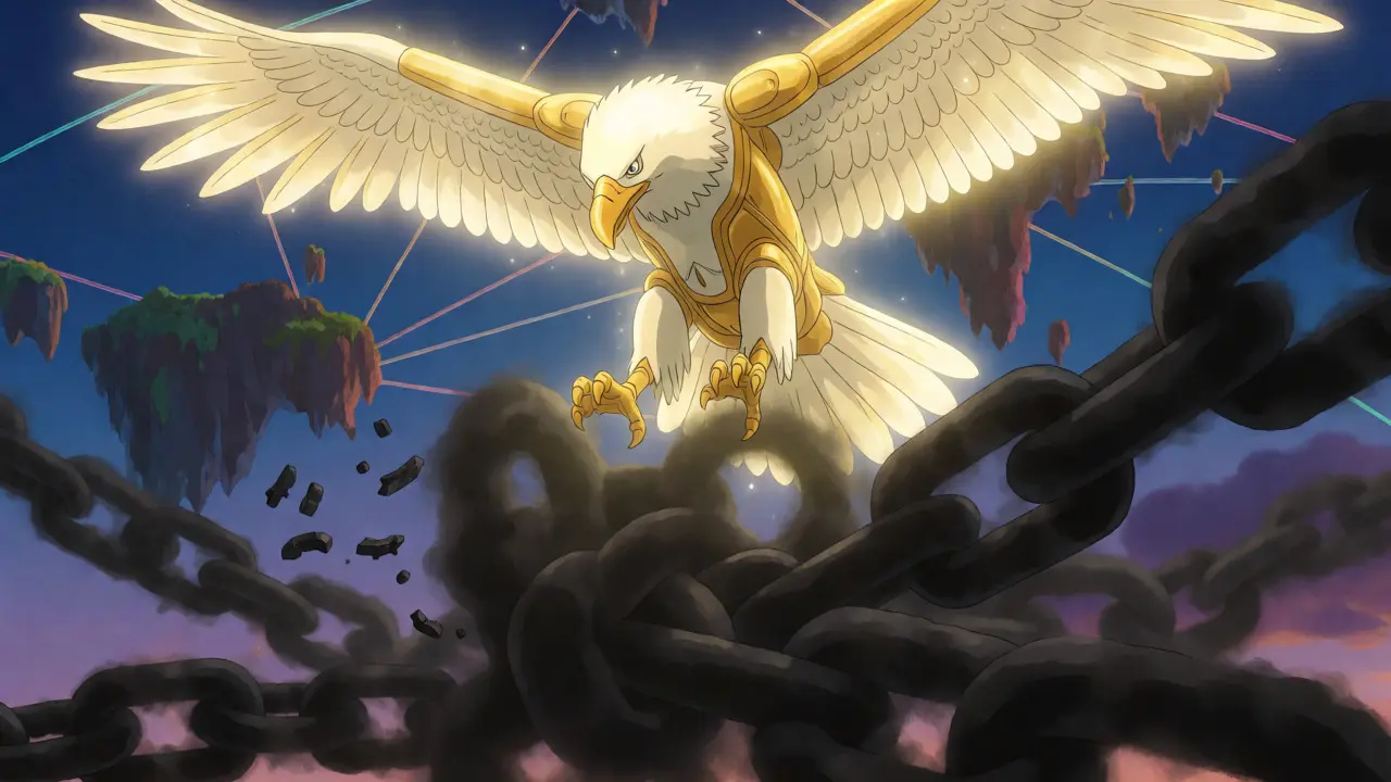 Ethereal eagle breaking chains of crypto scams in a stylized night sky.