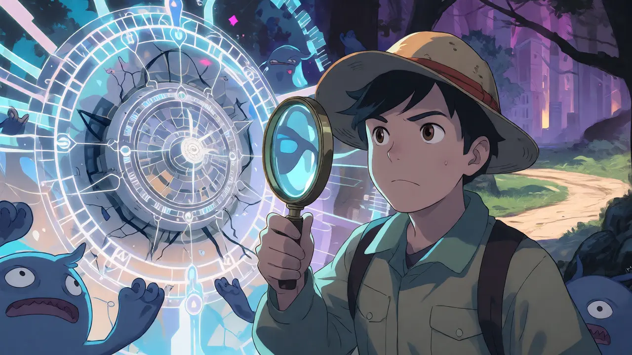 Explorer inspecting a fragile, clockwork smart contract mechanism amidst lurking shadowy spirits.