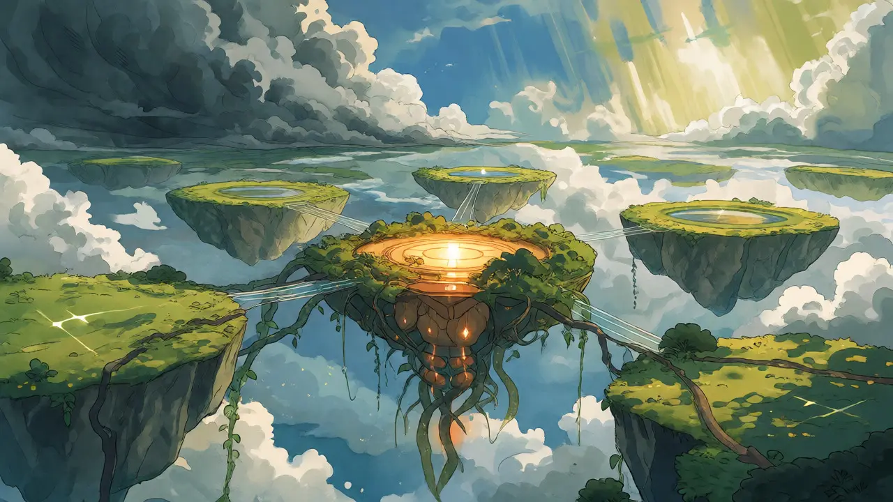 Fantasy sky garden with floating blockchain islands connected by vines