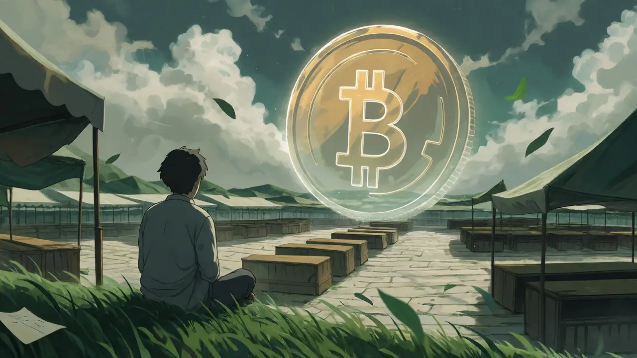 Figure watching a ghostly, intangible token float over an empty, quiet marketplace under a cloudy sky.
