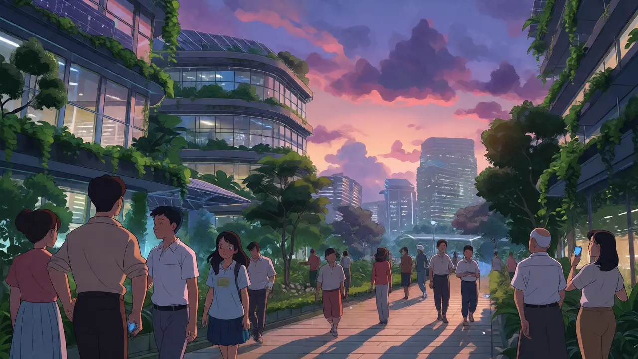 Futuristic eco-city at twilight with citizens using digital devices in a Studio Ghibli style.