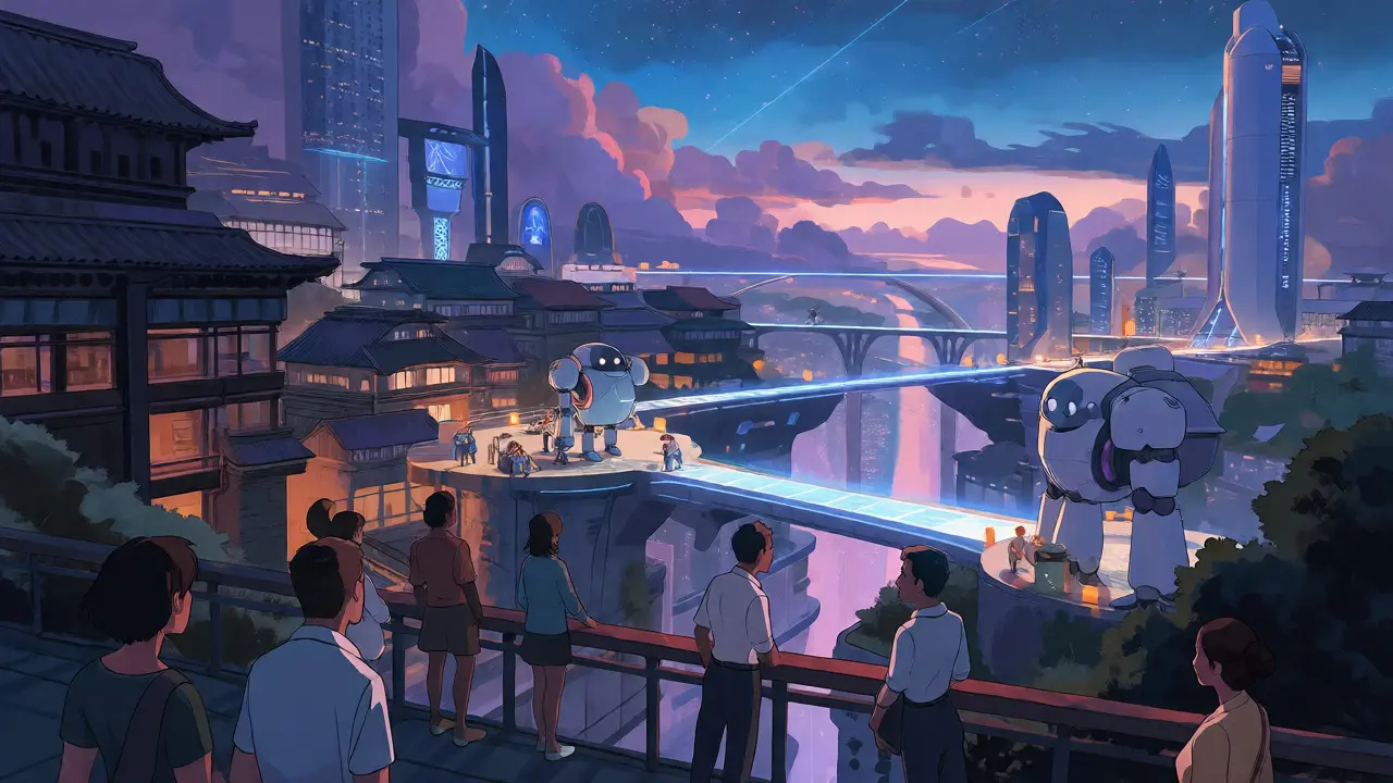 Futuristic Ghibli cityscape with light bridges and people building infrastructure under a twilight sky.