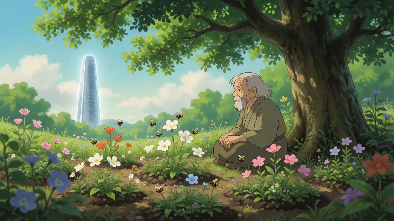 Gardener tending to distinct flower patches under a tree
