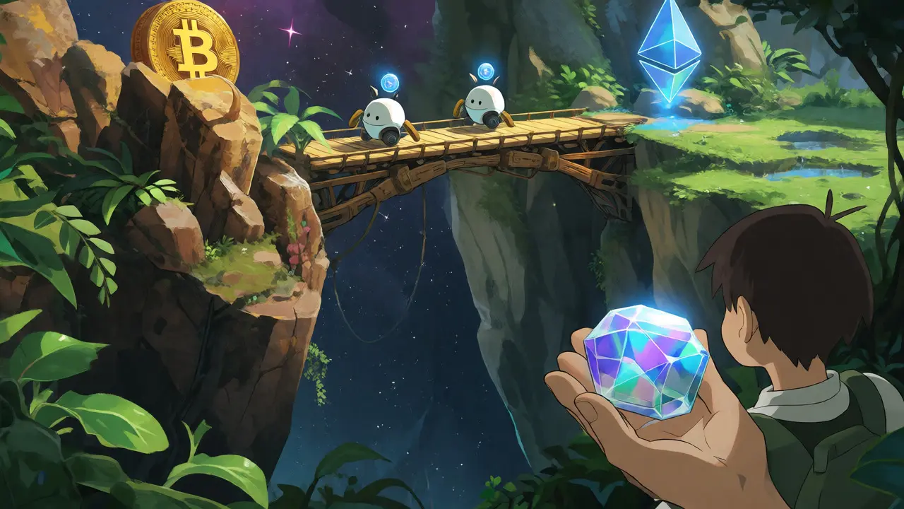 Ghibli style bridge connecting Bitcoin and Ethereum islands with token spirits
