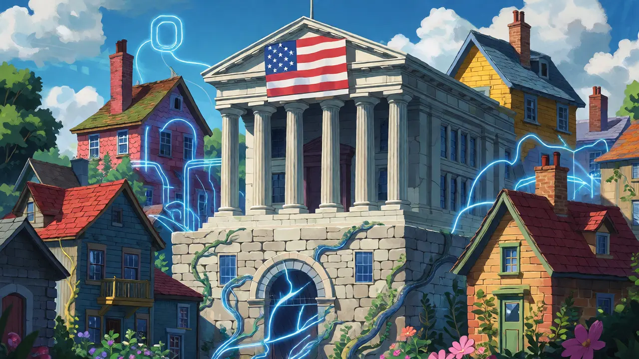 Ghibli-style illustration of federal and state buildings connected by glowing vine-like circuits.