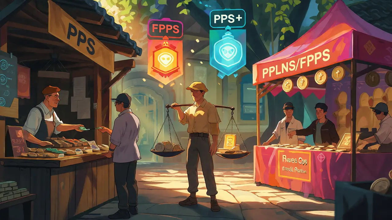 Ghibli-style marketplace illustrating the choice between stable PPS stalls and volatile PPLNS festivals.