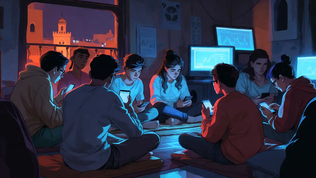 Group of youths checking crypto apps in a dimly lit room at night