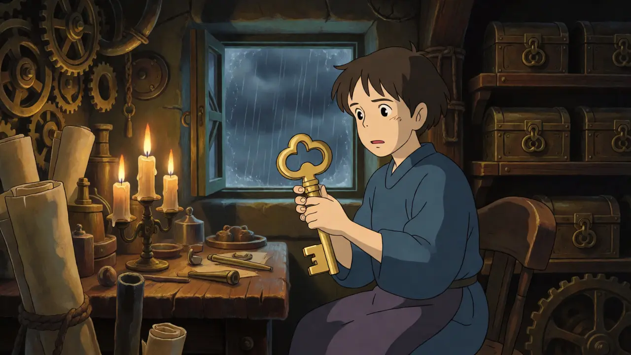 Guardian holding a master key in a workshop threatened by storm clouds