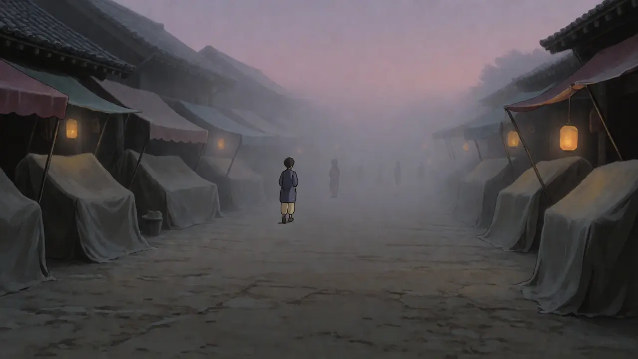 Lone figure in an empty, foggy twilight marketplace