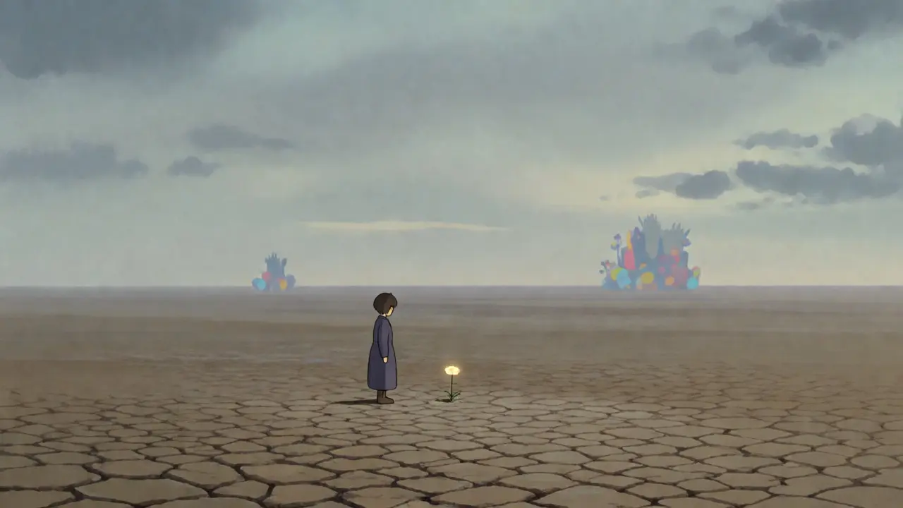 Lone figure observing a fading token in a desolate, melancholic landscape