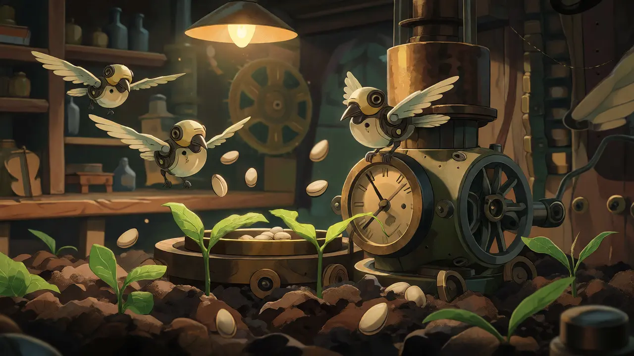Mechanical birds collecting rewards and replanting them in a cozy, gear-filled workshop.