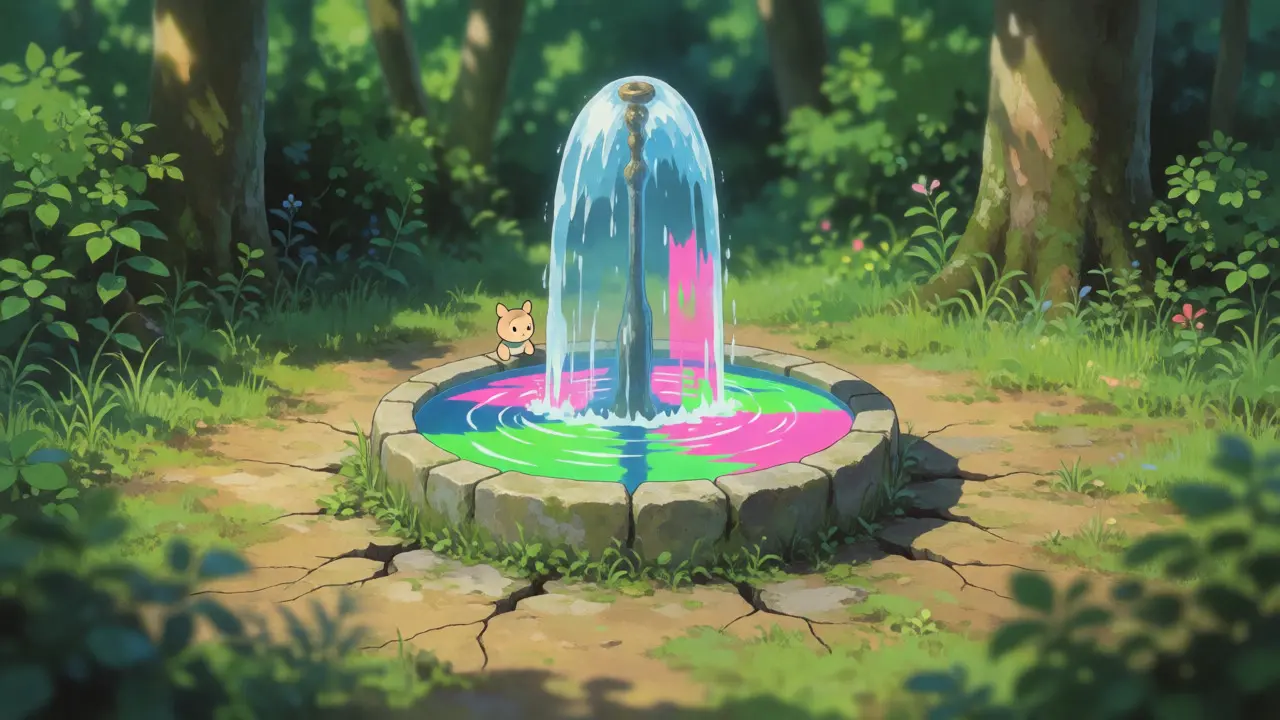 Mystical fountain with glitching data flowing like corrupted water