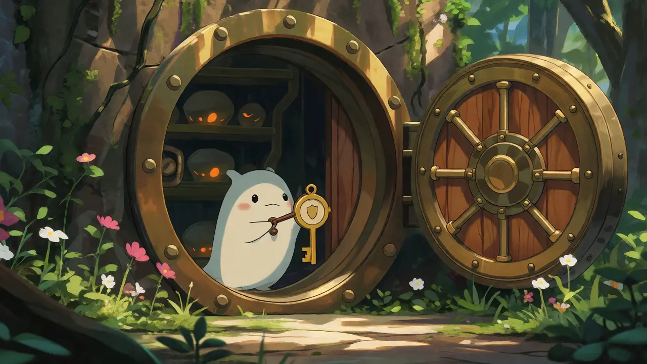 Secure wooden vault guarded by a spirit in a peaceful forest setting