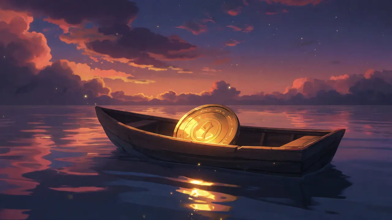 Single glowing coin in a boat on a calm ocean at twilight, Ghibli aesthetic