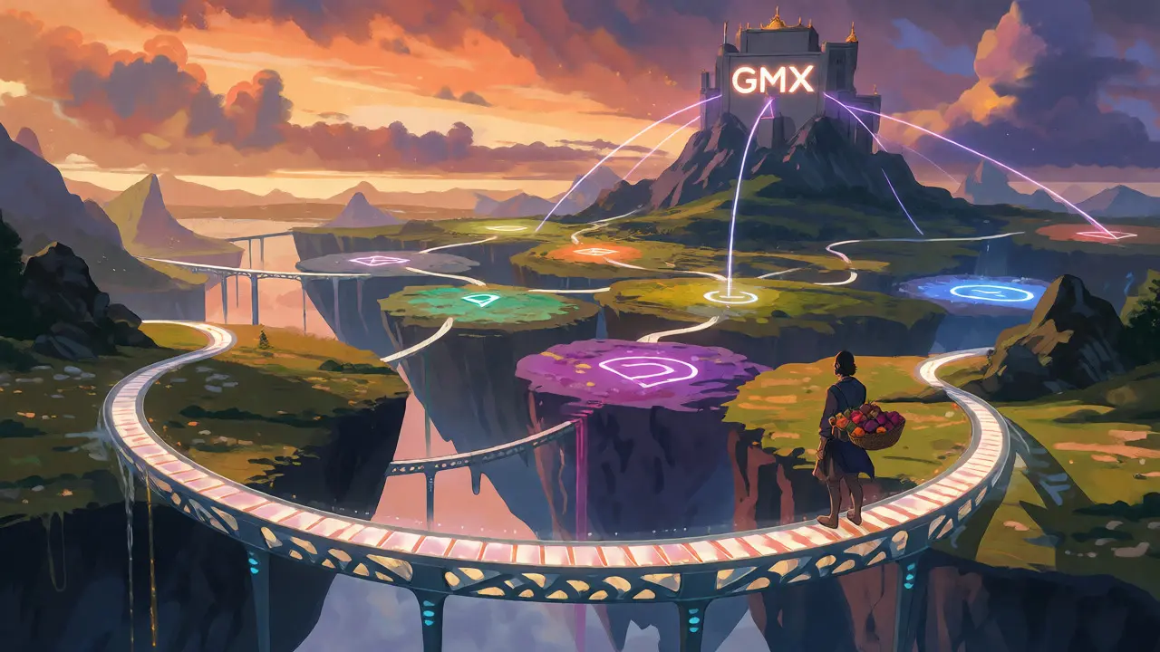 Traveler crossing light bridges between colorful islands with a distant fortress emitting light beams.
