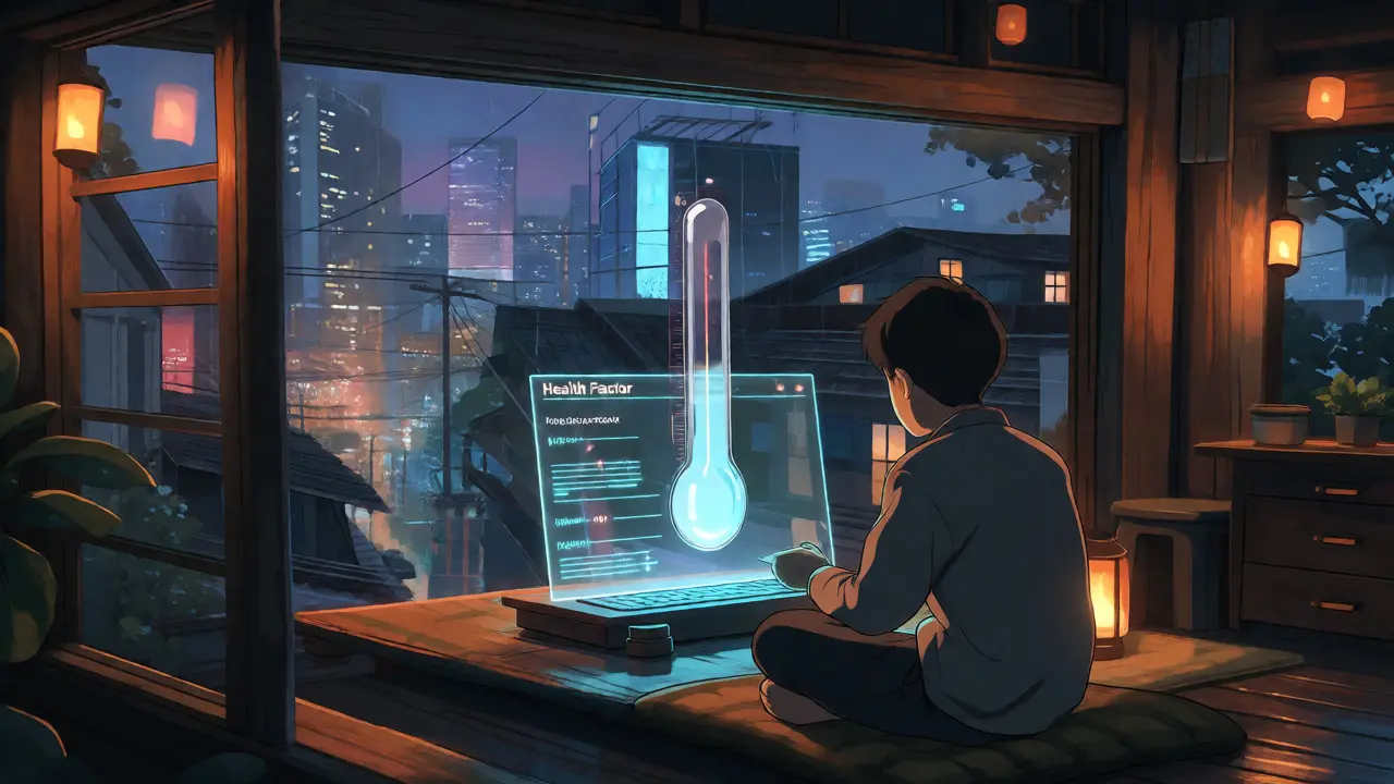 User monitoring a holographic health factor meter in a cozy tech-cabin.
