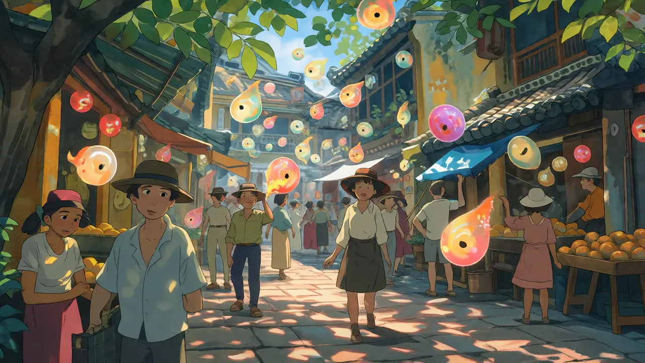 Whimsical market scene with traders navigating floating digital tokens in a Ghibli-inspired setting.