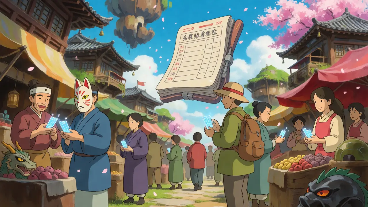 Whimsical marketplace scene where characters trade glowing digital assets.