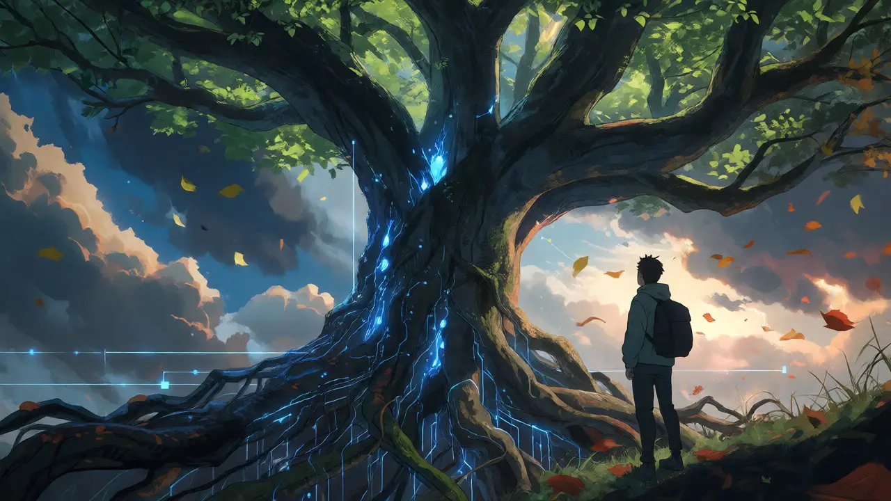 Ancient tree with digital roots illustrating Dragonary's long-term viability and token vesting.