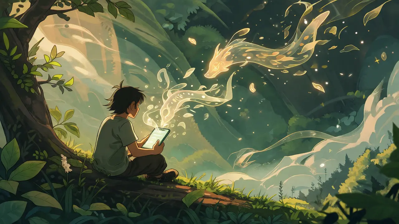 Fantasy landscape with a player and dragon spirits symbolizing Dragonary's hybrid gameplay model.